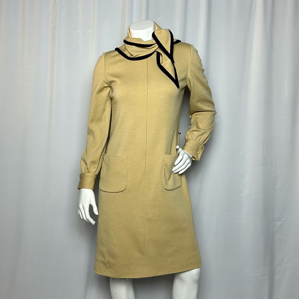 Bill Blass Vintage Tan & Navy Front Zip Double Pocket Long Sleeve Dress Sz 8